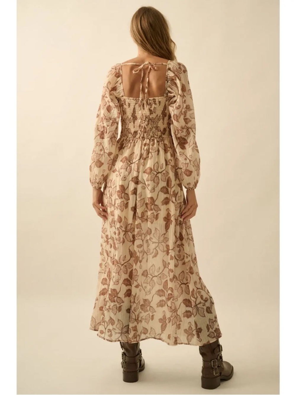 Boho Floral Maxi Dress in Cream and Brown with V-Neck Detail - Picture 2 of 3